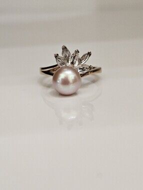 Beautiful Cultured Pearl & Zircon Ring Sterling Silver & 18K Rose Gold Sz 8!